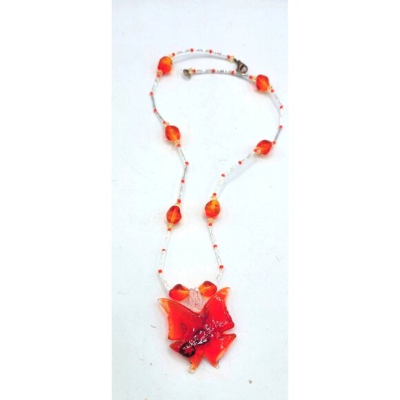 Vintage Orange Glass Butterfly On Beaded Chain - Picture 2 of 2